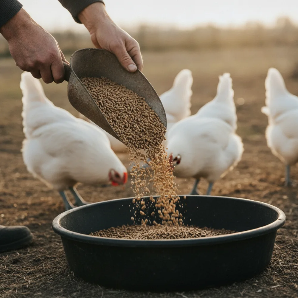 A measured scoop of feed beside the bag — the line item that runs the whole budget