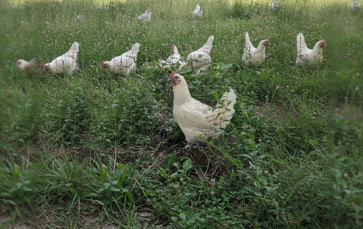 Young American Bresse juveniles hunting insects in tall pasture grass